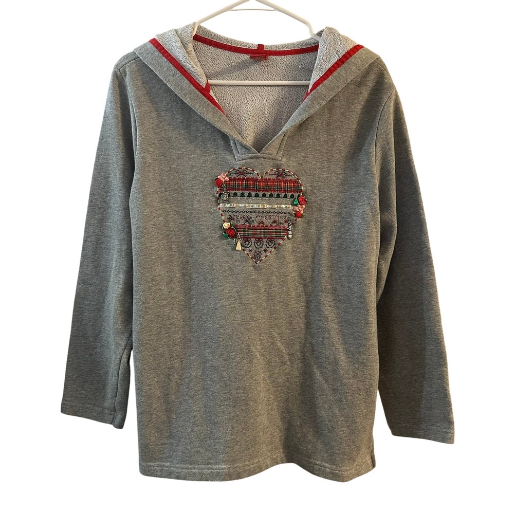 Merry & Bright Gray Pullover Hoodie Sweatshirt Embellished Christmas Size L‎